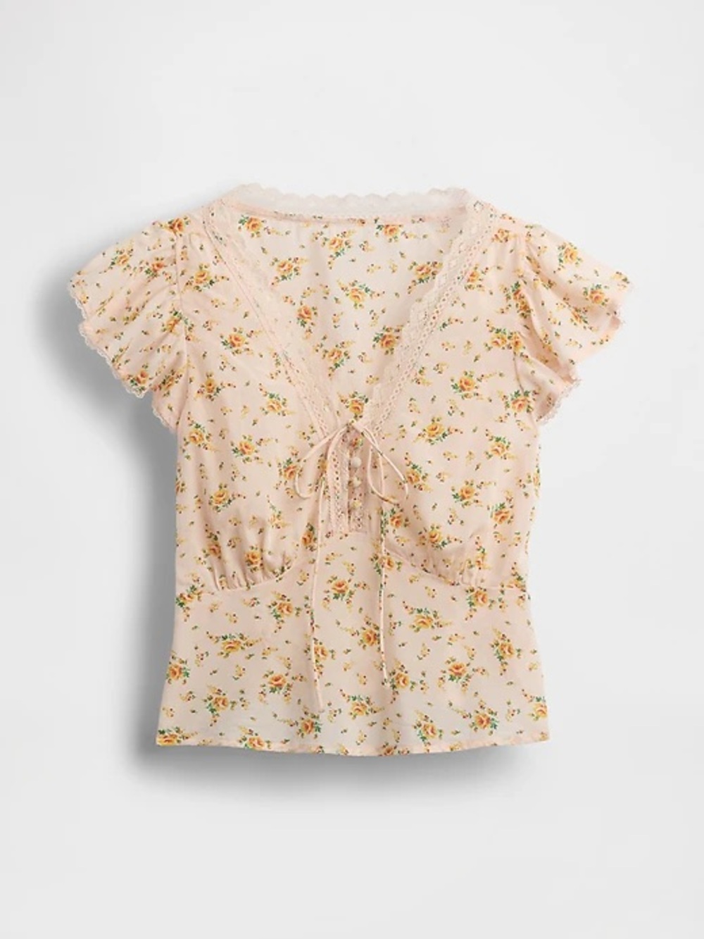 Gap Floral Lace-Trim Pink Cap-Sleeve Blouse - Picture 2 of 3